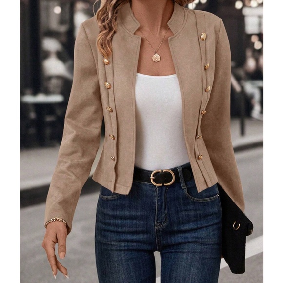 Classic Vegan Suede Button Detail Open Front Jacket Coat - Picture 1 of 8